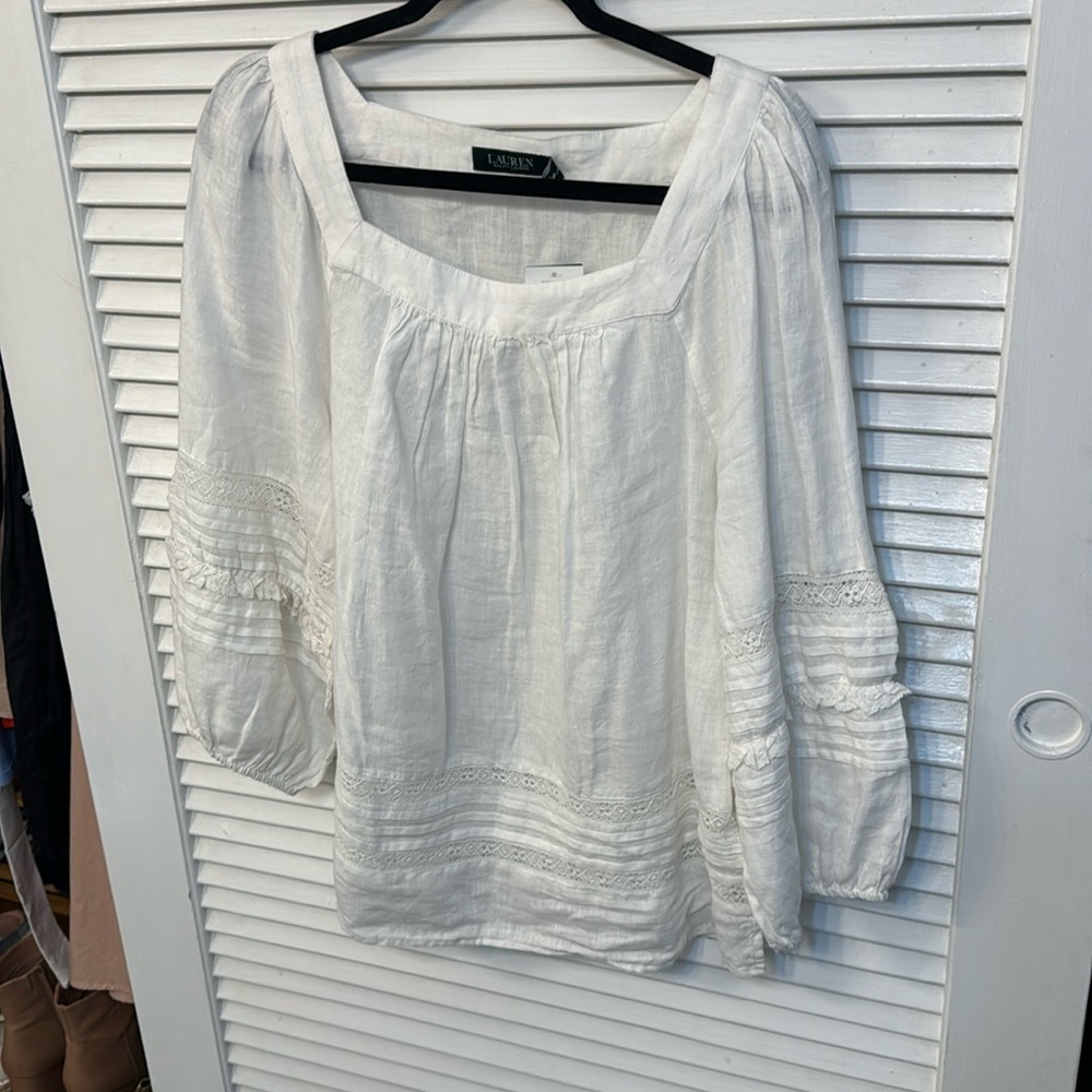 Ralph Lauren white linen square neck, 3/4 length elastic band sleeve. Classic